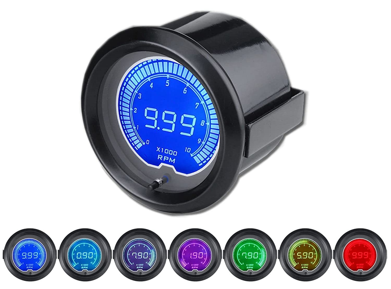 Black 7 Color LED Display Elec 0-9999 RPM Tachometer Tacho Gauge for 4/6/8 Cy