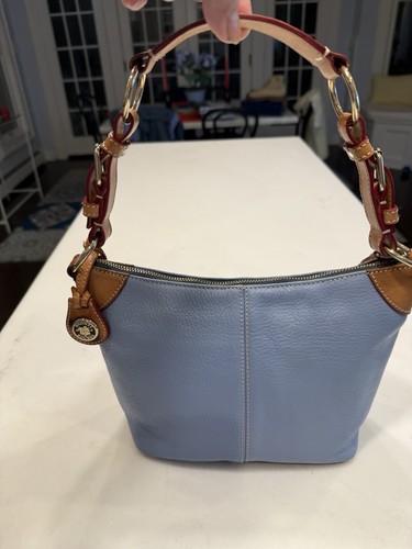 Vintage Dooney & Bourke himmelblau Leder hellbrauner Besatz Schultertasche gebraucht, in einwandfreiem Zustand - Bild 3 von 18