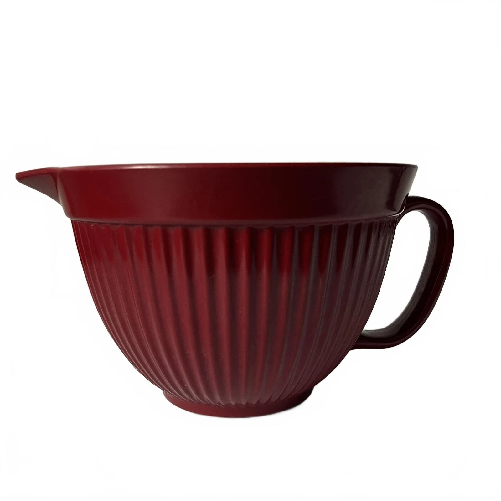Vintage Melamine Batter Bowl with Pour Spout, Handle, Non-Slip Base Red Ribbed