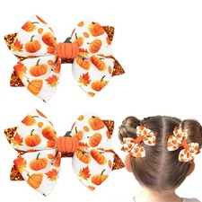 2Pcs Thanksgiving Hair Bow Clips Fall Pumpkin Alligator Hair Barrette Cute La...