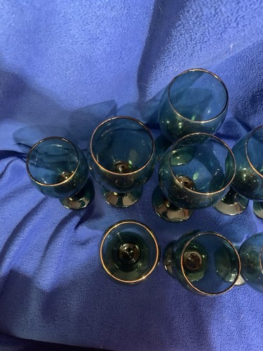 Vintage Libbey Teardrop Juniper Green Gold Trim Wine Glass Tulip Shape Set of 9 - Picture 11 of 15