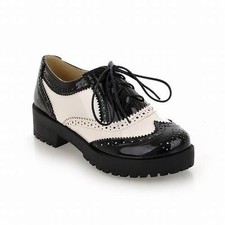 Women Brogue Wing Tip Oxfords Lace Up Preppy Casual Low Heel British Shoes Pumps