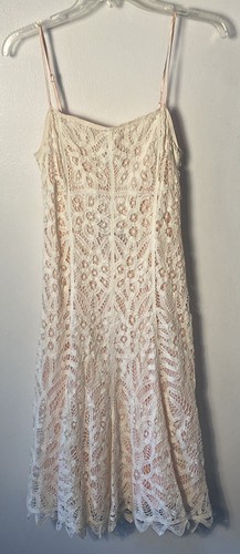 Vtg Y2K 90's Betsey Johnson SZ 4 White Pink Lace Crochet Ruffle Hem Slip Dress