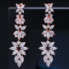 585 Rose Gold Plated CZ Long Dangle Leaf Drop Earrings Crystal Costume Jewellery