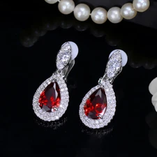 Red Cubic Zircon CZ Water Drop Long Clip On Earings for Non Pierced Ears Jewelry