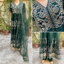 Pakistani Dark Green Long Maxi Style Embroidered Sequins Net Dress,Xl