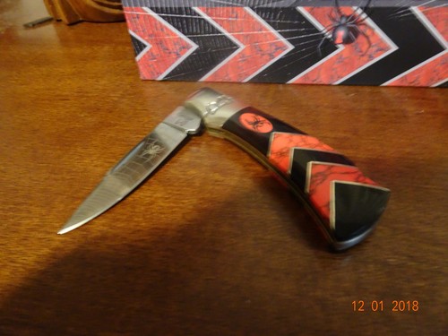 ROUGH RIDER 3.63" CLOSED POCKET KNIFE RED & BLACK TURQUOISE HANDLE 440 S.MUST C - Picture 5 of 12