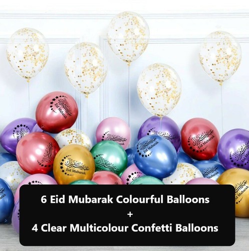 10 Eid Mubarak Balloons Metallic Chrome Finish Confetti Balloons Multicolour - Picture 6 of 8