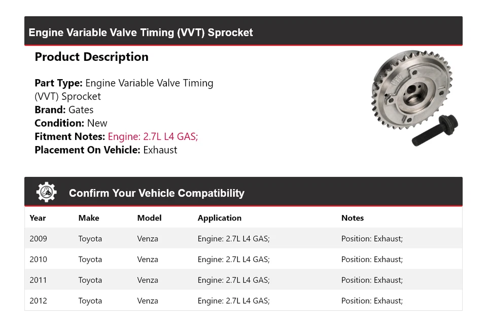 For 2009-2012 Toyota Venza 2.7L L4 GAS Engine VVT Sprocket Exhaust Gates 2010 - Image 2 of 4