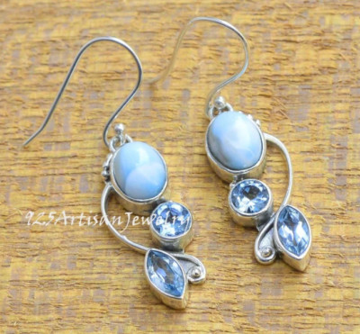 Larimar & Blue Topaz Earring Solid 925 Sterling Silver Wonderful Earring MK*