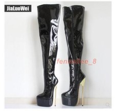 22CM Women Stilettos Platform High Heels Patent Leather Over The Knee Boots Top