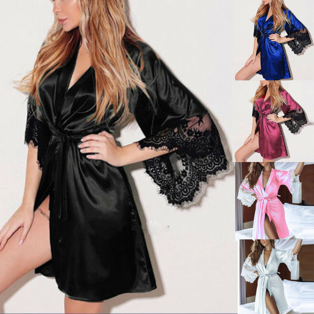Sexy Women's Satin Silk Sleepwear Lace Bride Kimono Robe Nightwear Dressing Gown