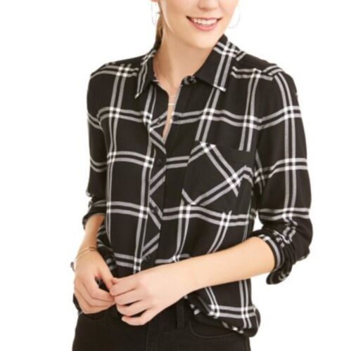 NWT Time and Tru Womens XXL 20 Plaid Button Front Shirt Black White Semi Fitted