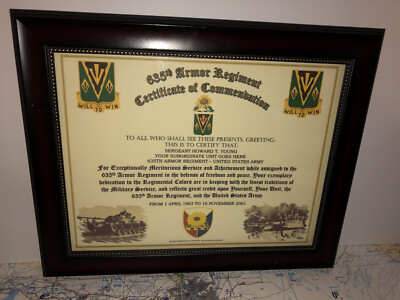 635TH ARMORED REGIMENT / COMMEMORATIVE - CERTIFICATE OF COMMENDATION