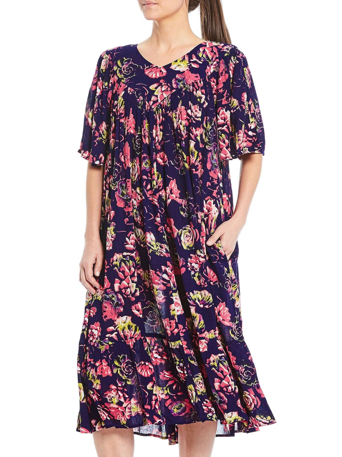 Go Softly Patio Dress Womens S Pink Purple Floral Midi Muumuu Tropical