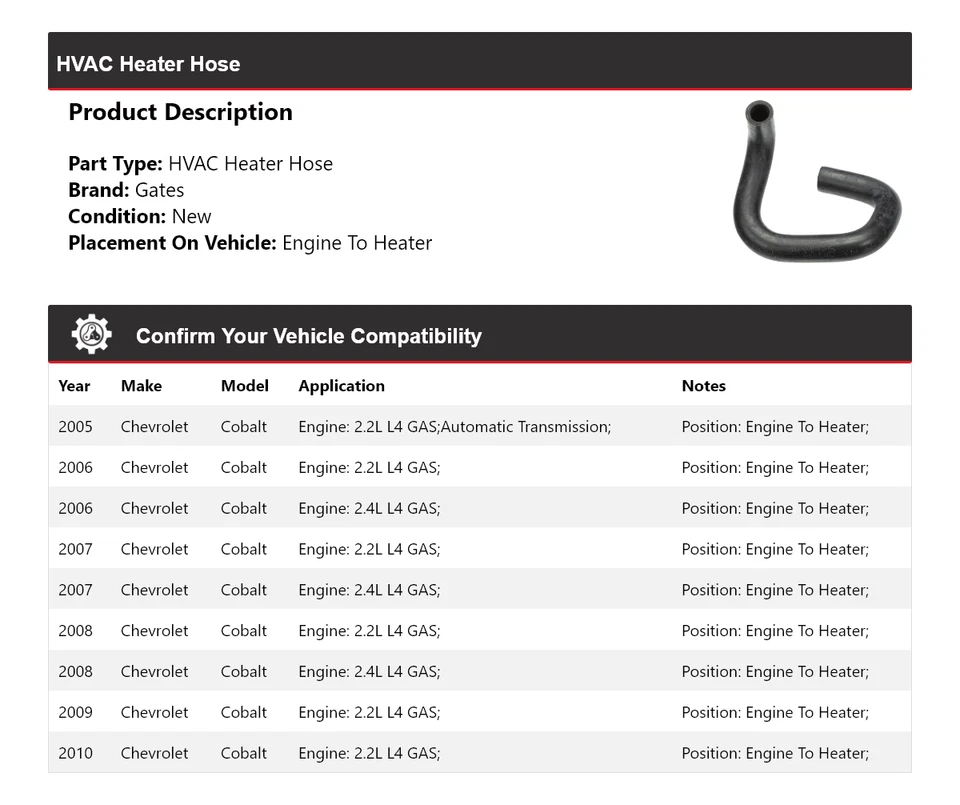 Para Chevrolet Cobalt 2005-2010 HVAC calefacción manguera motor a calefacción puertas 2006 2007 Foto 2 de 4