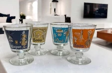 1959 Set of 4 Libbey Cities of the World Footed Cocktail Glasses MCM Atomic