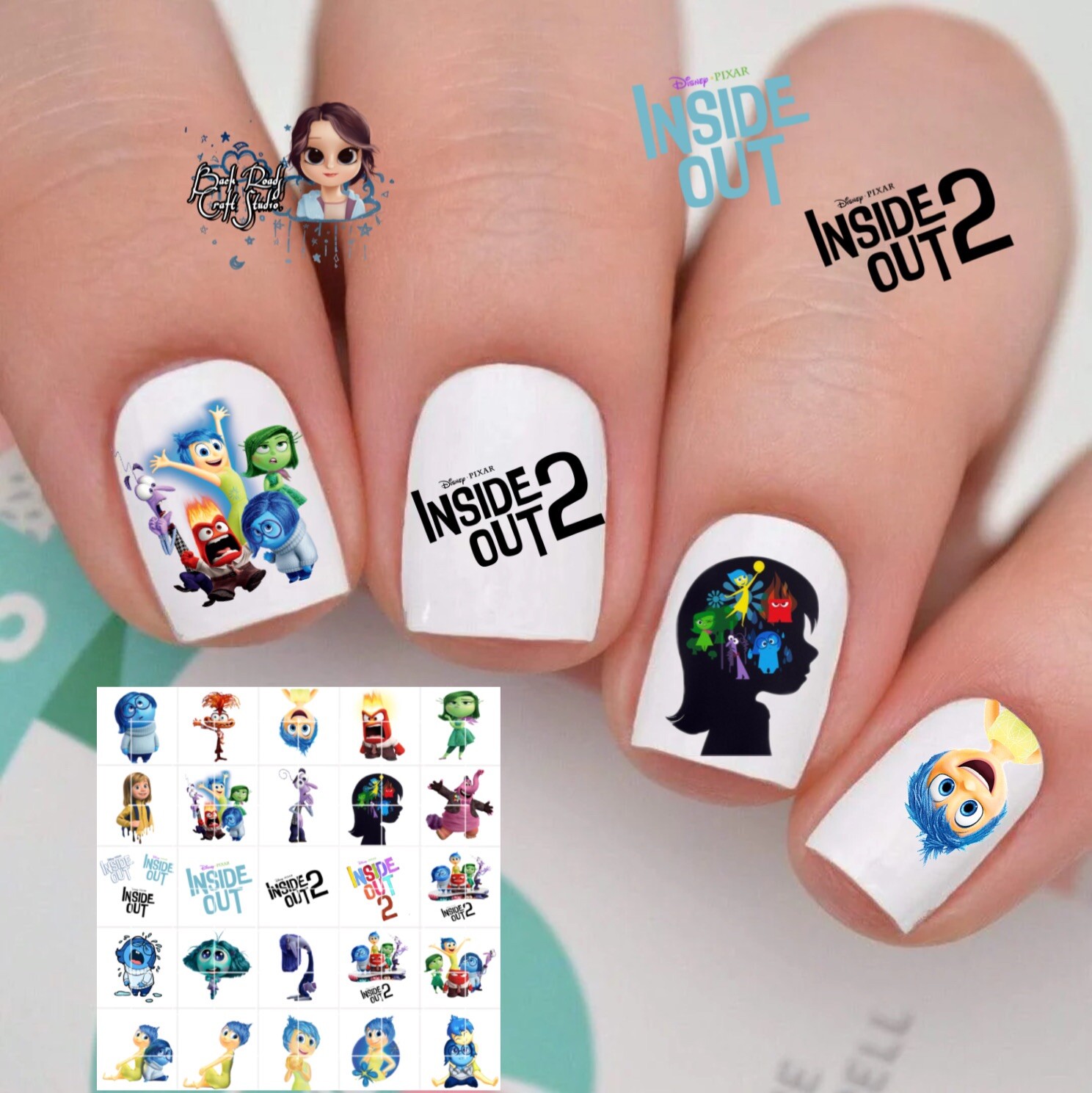 Inside Out 1 and 2 Waterslide Nail Decals Set of 20 with Instructions and Bonus