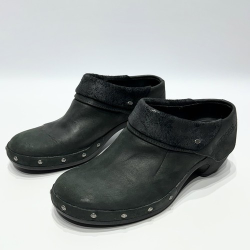 Merrell Luxe Wrap Black Leather Slip On Studded Wedge Clogs Shoes Women’s 6.5