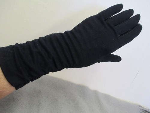 VTG LADIES GLOVES LONG RUCHED BLACK DRESSY HANSEN NYLASUEDE, SIZE 6 1/2, NICE - Picture 2 of 11