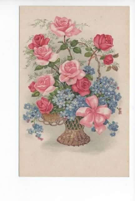 antike AK Glückwünsche neutral Rosen -Männertreu -Gold -Korb ungel.