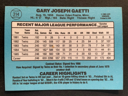 Gary GAETTI 1986 Donruss Baseball #314 Minnesota Twins - Picture 2 of 2