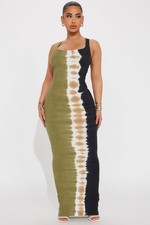 Fashion Nova MEADOWS Olive, Black & Cream Tie-Dye Ribbed Maxi Dress SZ1X