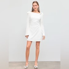 Cider White Boat Neck Ruched Bowknot Mini Dress • Medium