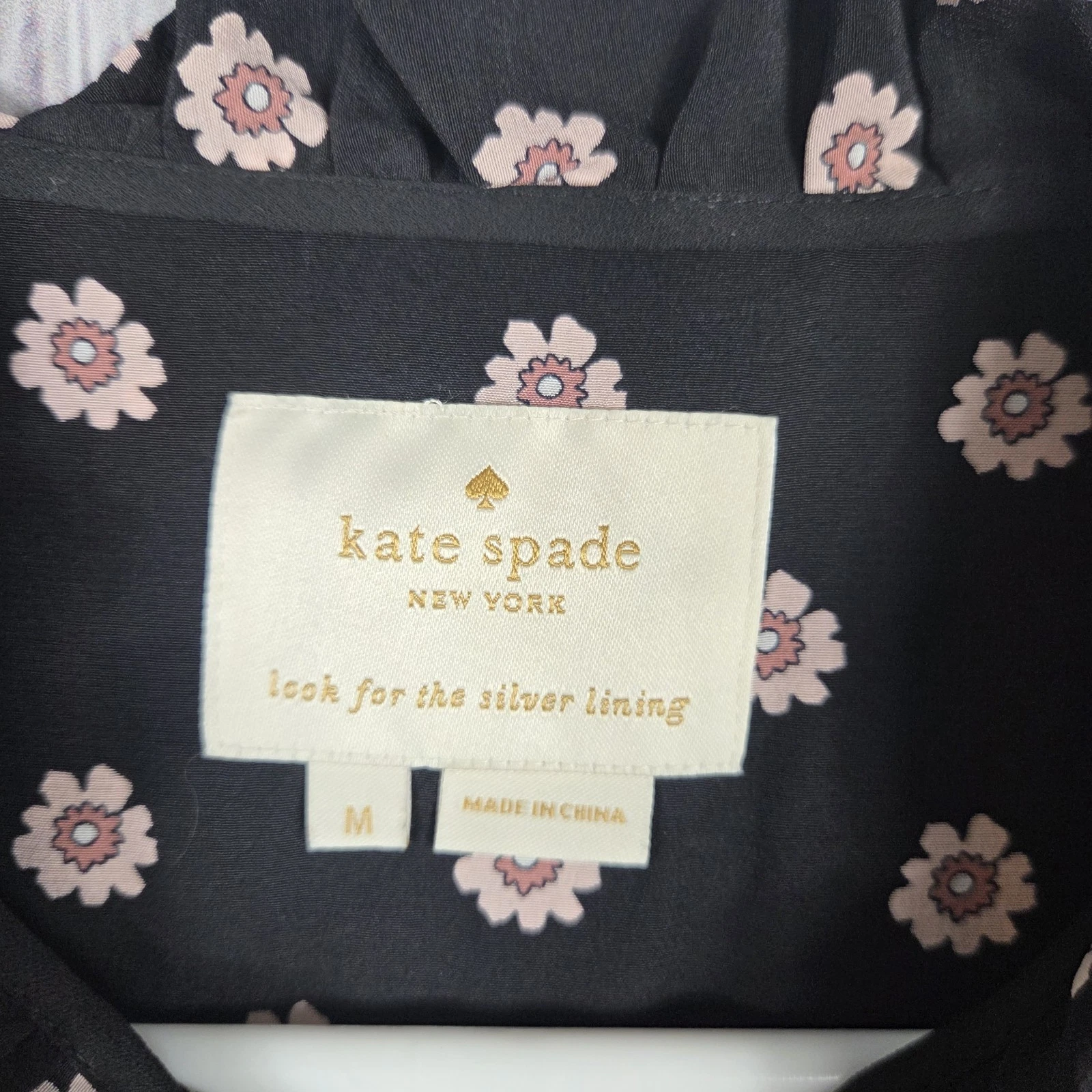 Abito camicia Kate Spade 100% seta M colletto arricciato plissettato davanti nero floreale Ditsy