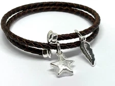Brown Leather Wrap Around Bracelet Silver Tone Charms Star Leaf Boho New