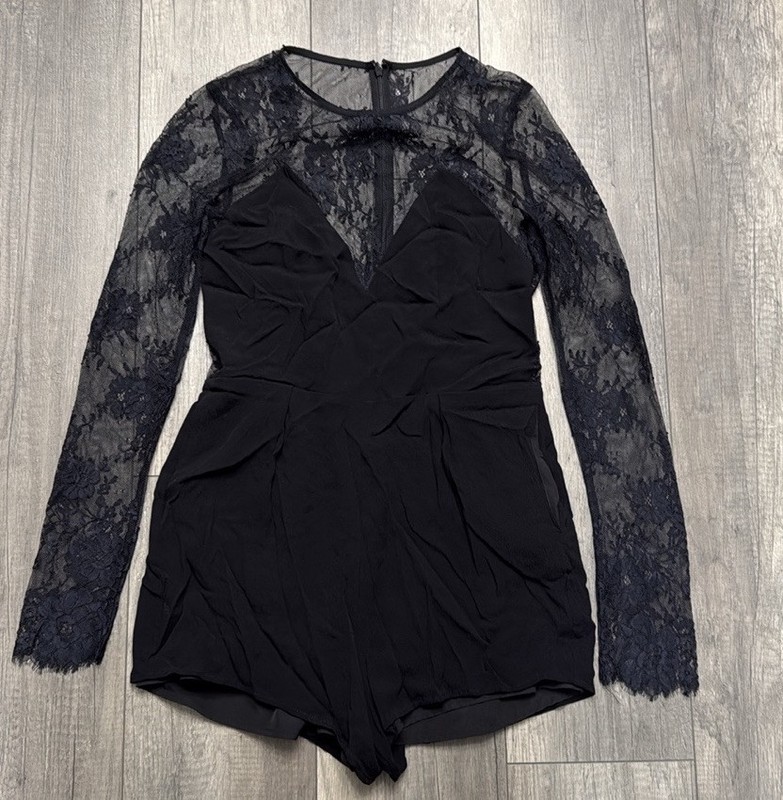 NBD Women’s Romper Black With Navy Lace Long Sleeve Sheer Size Large
