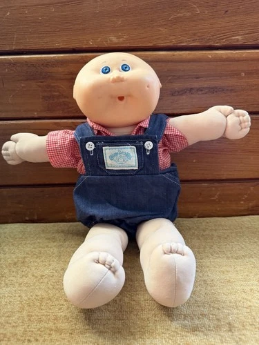 Vintage Cabbage Patch Doll with Blue Overalls checkered red white shirt