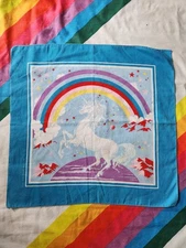 Vintage Rainbow Unicorn Bandana Handkerchief Scarf Poly/Cotton Made in USA 22 in