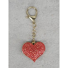 Gold Tone Heart Charm Keychain Red Rhinestone Accent Clasp