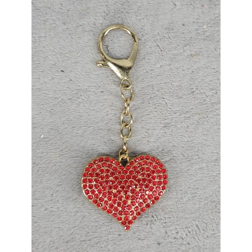 Gold Tone Heart Charm Keychain Red Rhinestone Accent Clasp