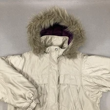 Vintage Columbia Jacket Womens Small Beige Faux Fur Hooded Winter Parka 90s