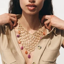 Web Necklace Zara Beaded Bib Necklace Boho Statement Gold Net Fishing Gemstone