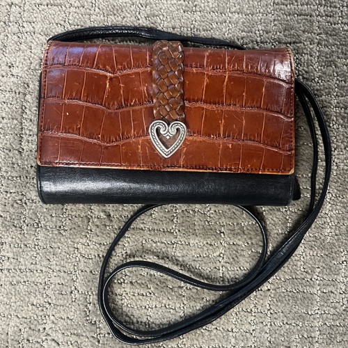 Brighton Black Brown Croc Leather Flap Crossbody Clutch Organizer Wallet Purse