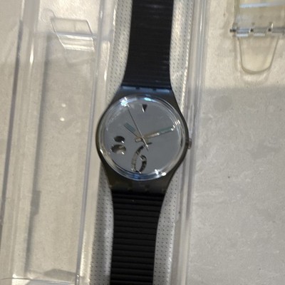 Swatch Quartz Swiss Made Analog Black Case Silver Dial w/ Black & Clear Straps