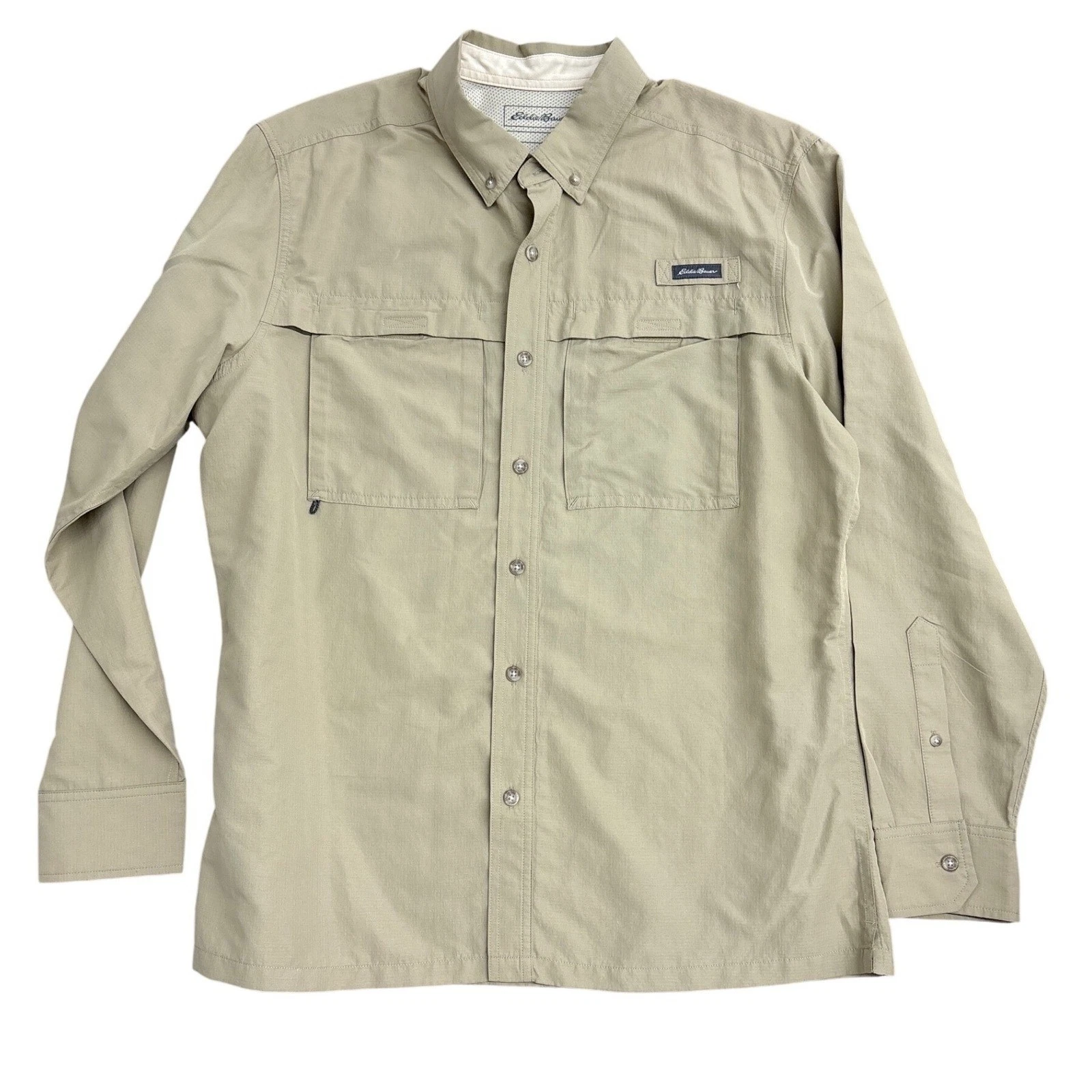 Eddie Bauer Mens Large Tan Long Sleeve Fishing Shirt Hiking Ventilated Ripstop