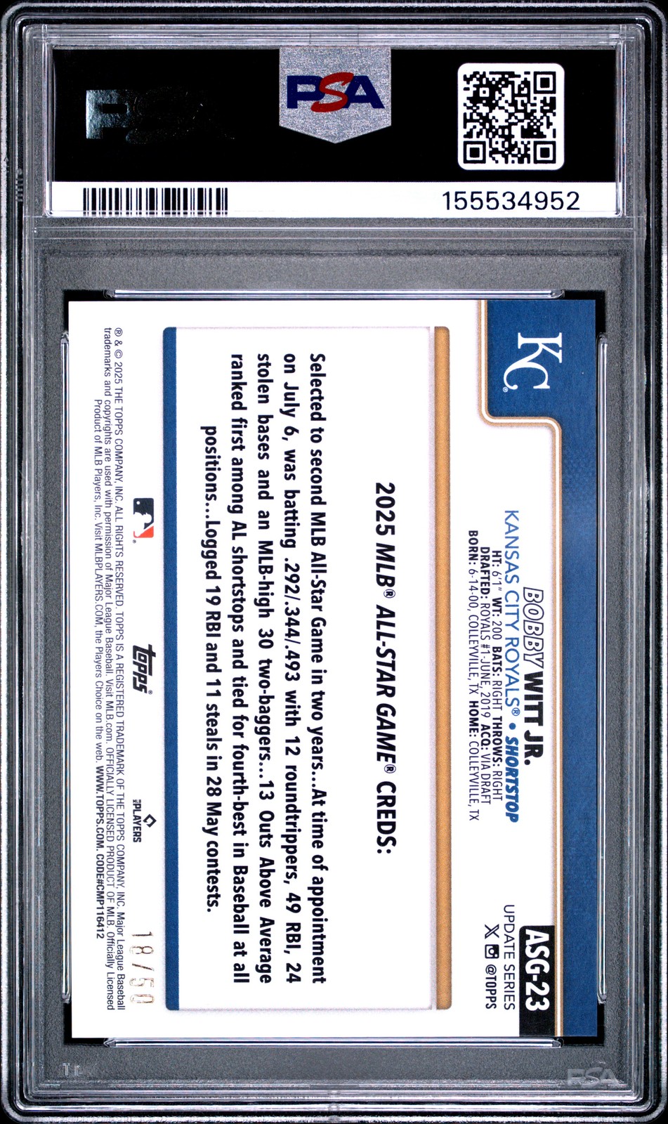 2025 Topps All-Star Game #23 Bobby Witt Jr. Gold Foil #’d /50 - Pop 1 - PSA 10 view 2