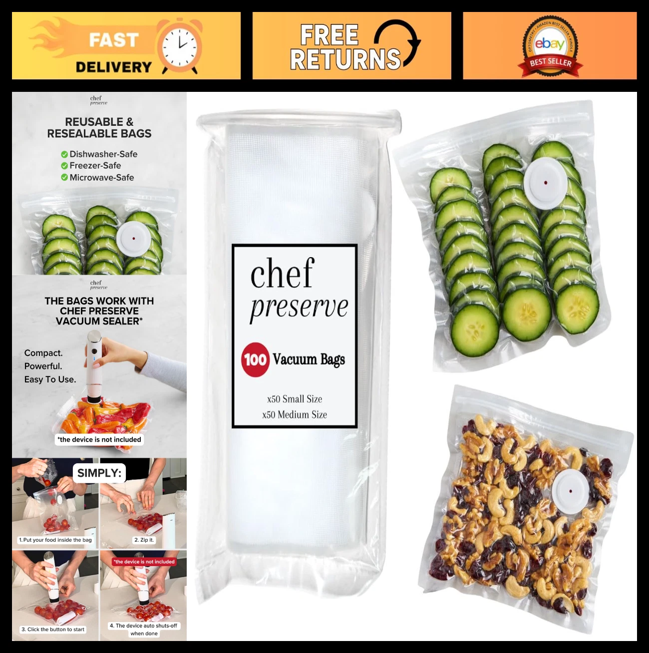 Reusable Vacuum Sealer Bags for Food Storage – 100 BPA-Free, Leak-Proof, Odor-Re