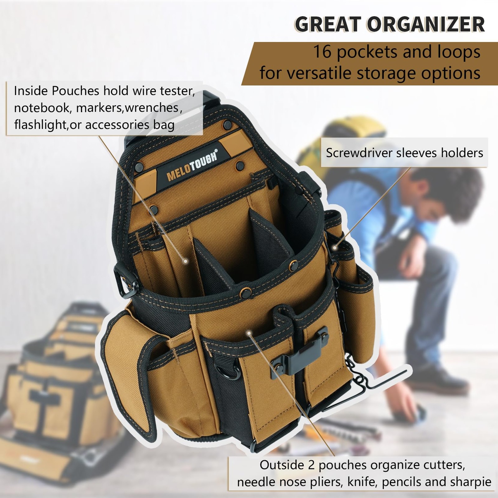 Electrician Tool Pouch Bag with Shoulder Strap Professional 15 Pockets Tool P...