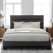Queen Size Platform Bed Frame with Fabric Upholstered Headboard and Wooden Slats
