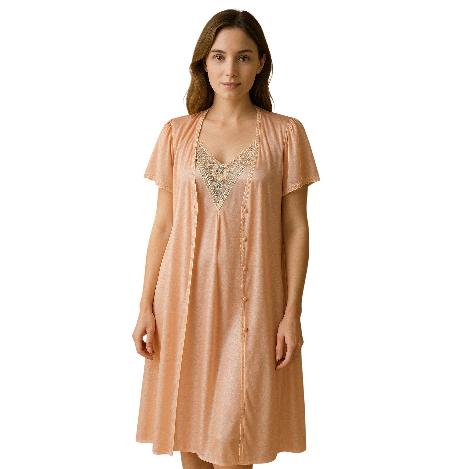 Vintage Vassarette Peach Nylon Nightgown & Robe Set Lace Trim USA Size P/S