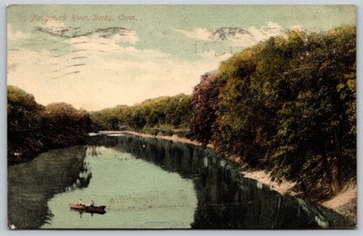 Naugatuck River Derby CT 1909 Postcard - Boaters Douglas H. Dayton AA743