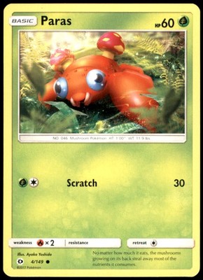 Paras 4/149 SM Base Set Common Regular NM Pokemon TCG