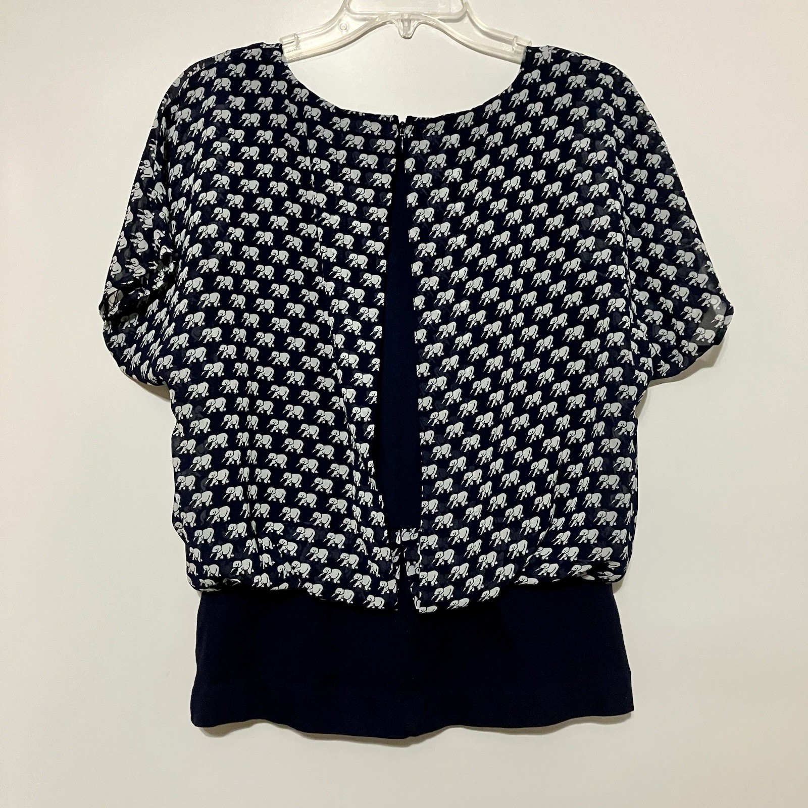 Cabi Parade Blouse Women’s S Blue Elephant Print Sheer Zipper Back V Neck Boho