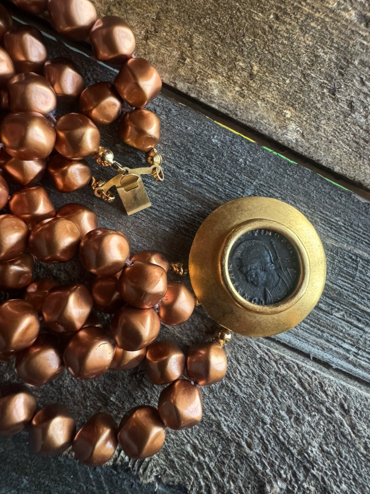 Vintage Carolee Gold Bead Strand Choker Necklace Roman Coin Clasp image 3