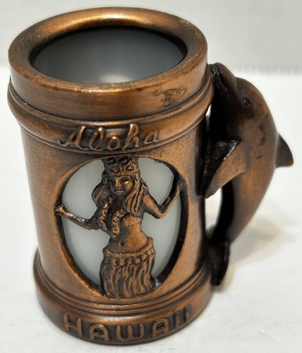 VTG Souvenir Aloha Hawaii Metal Shot Glass Toothpick Holder Dolphin Handle 2"